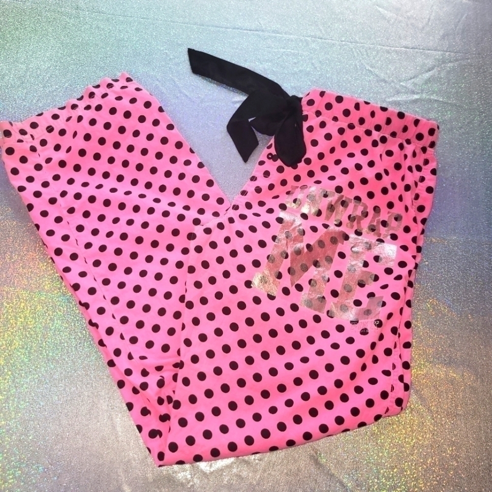 Vintage Y2K Unwrap Me Pajama Lounge  Pants Pink Polka Dot Sz: S Drawstri…